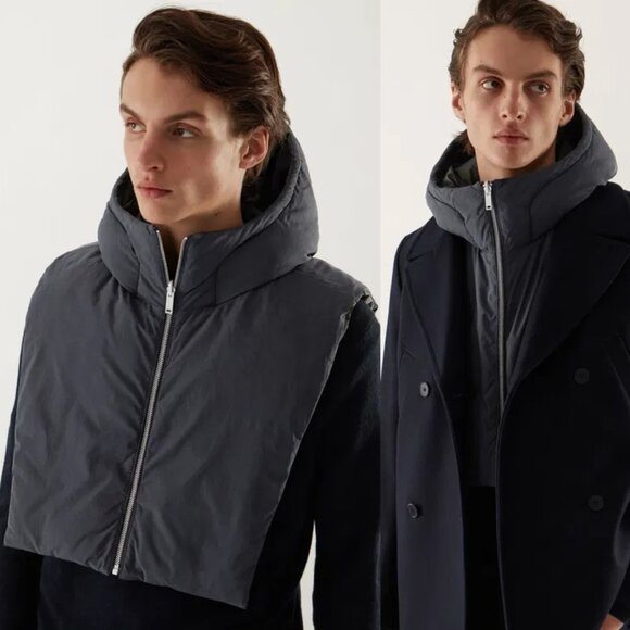 COS Reversible Puffer Hooded Zip-Up Bib Dickey Matte Gloss Black Unisex One Size - Picture 1 of 16